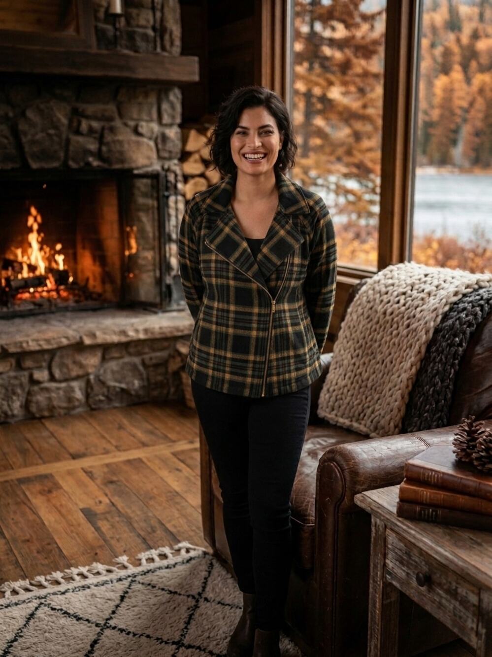 CAbi Moto Plaid Jacket Asymmetric Zip Black Green Mustard Yellow Large Collared
